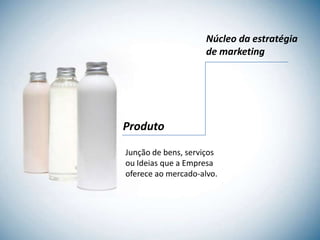 Núcleo da estratégia
                     de marketing




Produto

Junção de bens, serviços
ou Ideias que a Empresa
oferece ao mercado-alvo.
 