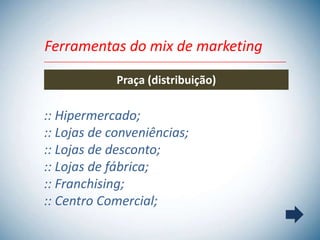Ferramentas do mix de marketing

             Praça (distribuição)

:: Hipermercado;
:: Lojas de conveniências;
:: Lojas de desconto;
:: Lojas de fábrica;
:: Franchising;
:: Centro Comercial;
 