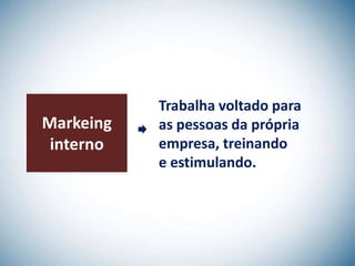 Trabalha voltado para
Markeing   as pessoas da própria
 interno   empresa, treinando
           e estimulando.
 
