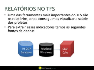 RELATÓRIOS NO TFS
• Uma das ferramentas mais importantes do TFS são
  os relatórios, onde conseguimos visualizar a saúde
  dos projetos.
• Para extrair esses indicadores temos as seguintes
  fontes de dados:
 