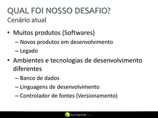 QUAL FOI NOSSO DESAFIO?
Cenário atual
• Muitos produtos (Softwares)
  – Novos produtos em desenvolvimento
  – Legado
• Ambientes e tecnologias de desenvolvimento
  diferentes
  – Banco de dados
  – Linguagens de desenvolvimento
  – Controlador de fontes (Versionamento)
 