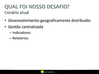 QUAL FOI NOSSO DESAFIO?
Cenário atual
• Desenvolvimento geograficamente distribuído
• Gestão centralizada
  – Indicadores
  – Relatórios
 