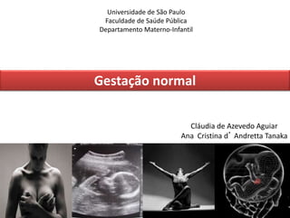 Gestação normal
Cláudia de Azevedo Aguiar
Ana Cristina d’ Andretta Tanaka
Universidade de São Paulo
Faculdade de Saúde Pública
Departamento Materno-Infantil
 