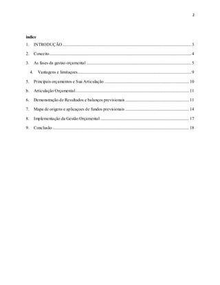2
indice
1. INTRODUÇÃO ....................................................................................................................... 3
2. Conceito................................................................................................................................... 4
3. As fases da gestao orçamental ................................................................................................. 5
4. Vantagens e limitaçoes......................................................................................................... 9
5. Principais orçamentos e Sua Articulação .............................................................................. 10
b. Articulação Orçamental......................................................................................................... 11
6. Demonstração de Resultados e balanços previsionais ........................................................... 11
7. Mapa de origens e aplicaçoes de fundos previsionais ........................................................... 14
8. Implementação da Gestão Orçamental .................................................................................. 17
9. Conclusão .............................................................................................................................. 18
 