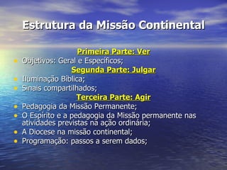Estrutura da Missão Continental

                     Primeira Parte: Ver
•   Objetivos: Geral e Específicos;
                   Segunda Parte: Julgar
•   Iluminação Bíblica;
•   Sinais compartilhados;
                     Terceira Parte: Agir
•   Pedagogia da Missão Permanente;
•   O Espírito e a pedagogia da Missão permanente nas
    atividades previstas na ação ordinária;
•   A Diocese na missão continental;
•   Programação: passos a serem dados;
 