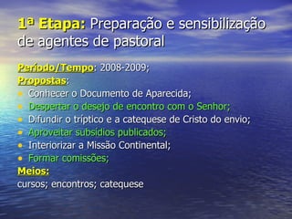 1ª Etapa: Preparação e sensibilização
de agentes de pastoral
Período/Tempo: 2008-2009;
Propostas:
• Conhecer o Documento de Aparecida;
• Despertar o desejo de encontro com o Senhor;
• Difundir o tríptico e a catequese de Cristo do envio;
• Aproveitar subsídios publicados;
• Interiorizar a Missão Continental;
• Formar comissões;
Meios:
cursos; encontros; catequese
 