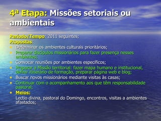 4ª Etapa: Missões setoriais ou
ambientais
Período/Tempo: 2011 seguintes;
Propostas:
• Determinar os ambientes culturais prioritários;
• Preparar discípulos missionários para fazer presença nesses
  ambientes;
• Convocar reuniões por ambientes específicos;
• Preparar a Missão territorial: fazer mapa humano e institucional,
  definir itinerário de formação, preparar página web e blog;
• Buscar novos missionários mediante visitas às casas;
• Continuar com o acompanhamento aos que têm responsabilidade
  pastoral;
• Meios:
  Lectio divina, pastoral do Domingo, encontros, visitas a ambientes
  afastados;
 