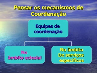 Pensar os mecanismos de
       Coordenação

            Equipes de
           coordenação



                     No âmbito
     No
                    De serviços
âmbito eclesial
                    específicos
 