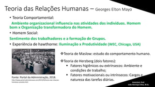 Teoria das Relações Humanas – Georges Elton Mayo
• Teoria Comportamental:
Ambiente organizacional influencia nas atividades dos indivíduos. Homem
bom x Organização transformadora do Homem.
• Homem Social:
Sentimento dos trabalhadores e a formação de Grupos.
• Experiência de hawthorne: Iluminação x Produtividade (WEC, Chicago, USA)
Autor(es): Prof.
João Henrique Silva, M.Sc.
Teoria de Maslow: estudo do comportamento humano.
Teoria de Herzberg (dois fatores):
 Fatores higiênicos ou extrínsecos: Ambiente e
condições de trabalho;
 Fatores motivacionais ou intrínsecos: Cargos e
natureza das tarefas diárias.
Fonte: Portal da Administração, 2018.
http://www.portal-administracao.com/2015/03/teoria-das-relacoes-
humanas-conceito.html
 