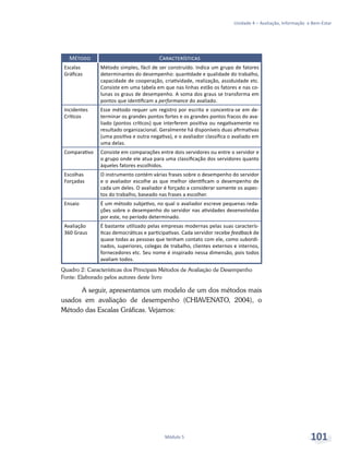 Unidade 4 – Avaliação, Informação e Bem-Estar
Módulo 5 101
Método Características
Escalas
Gráficas
Método simples, fácil de ser construído. Indica um grupo de fatores
determinantes do desempenho: quantidade e qualidade do trabalho,
capacidade de cooperação, criatividade, realização, assiduidade etc.
Consiste em uma tabela em que nas linhas estão os fatores e nas co-
lunas os graus de desempenho. A soma dos graus se transforma em
pontos que identificam a performance do avaliado.
Incidentes
Críticos
Esse método requer um registro por escrito e concentra-se em de-
terminar os grandes pontos fortes e os grandes pontos fracos do ava-
liado (pontos críticos) que interferem positiva ou negativamente no
resultado organizacional. Geralmente há disponíveis duas afirmativas
(uma positiva e outra negativa), e o avaliador classifica o avaliado em
uma delas.
Comparativo Consiste em comparações entre dois servidores ou entre o servidor e
o grupo onde ele atua para uma classificação dos servidores quanto
àqueles fatores escolhidos.
Escolhas
Forçadas
O instrumento contém várias frases sobre o desempenho do servidor
e o avaliador escolhe as que melhor identificam o desempenho de
cada um deles. O avaliador é forçado a considerar somente os aspec-
tos do trabalho, baseado nas frases a escolher.
Ensaio É um método subjetivo, no qual o avaliador escreve pequenas reda-
ções sobre o desempenho do servidor nas atividades desenvolvidas
por este, no período determinado.
Avaliação
360 Graus
É bastante utilizado pelas empresas modernas pelas suas caracterís-
ticas democráticas e participativas. Cada servidor recebe feedback de
quase todas as pessoas que tenham contato com ele, como subordi-
nados, superiores, colegas de trabalho, clientes externos e internos,
fornecedores etc. Seu nome é inspirado nessa dimensão, pois todos
avaliam todos.
Quadro 2: Características dos Principais Métodos de Avaliação de Desempenho
Fonte: Elaborado pelos autores deste livro
A seguir, apresentamos um modelo de um dos métodos mais
usados em avaliação de desempenho (Chiavenato, 2004), o
Método das Escalas Gráficas. Vejamos:
 