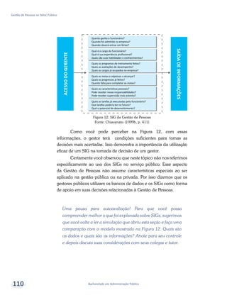 Bacharelado em Administração Pública
Gestão de Pessoas no Setor Público
110
Figura 12: SIG de Gestão de Pessoas
Fonte: Chiavenato (1999b, p. 411)
Como você pode perceber na Figura 12, com essas
informações, o gestor terá condições suficientes para tomas as
decisões mais acertadas. Isso demonstra a importância da utilização
eficaz de um SIG na tomada de decisão de um gestor.
Certamente você observou que neste tópico não nos referimos
especificamente ao uso dos SIGs no serviço público. Esse aspecto
da Gestão de Pessoas não assume características especiais ao ser
aplicado na gestão pública ou na privada. Por isso dizemos que os
gestores públicos utilizam os bancos de dados e os SIGs como forma
de apoio em suas decisões relacionadas à Gestão de Pessoas.
Uma pausa para autoavaliação! Para que você possa
compreender melhor o que foi explanado sobre SIGs, sugerimos
que você volte a ler a simulação que abriu esta seção e faça uma
comparação com o modelo mostrado na Figura 12. Quais são
os dados e quais são as informações? Anote para seu controle
e depois discuta suas considerações com seus colegas e tutor.
 