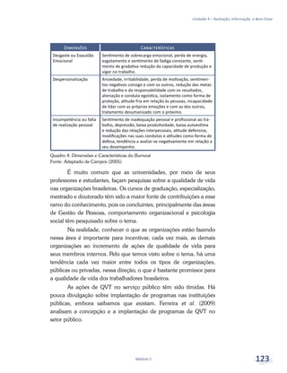 Unidade 4 – Avaliação, Informação e Bem-Estar
Módulo 5 123
Dimensões Características
Desgaste ou Exaustão
Emocional
Sentimento de sobrecarga emocional, perda de energia,
esgotamento e sentimento de fadiga constante, senti-
mento de gradativa redução da capacidade de produção e
vigor no trabalho.
Despersonalização Ansiedade, irritabilidade, perda de motivação, sentimen-
tos negativos consigo e com os outros, redução das metas
de trabalho e da responsabilidade com os resultados,
alienação e conduta egoística, isolamento como forma de
proteção, atitude fria em relação às pessoas, incapacidade
de lidar com as próprias emoções e com as dos outros,
tratamento desumanizado com o próximo.
Incompetência ou falta
de realização pessoal
Sentimento de inadequação pessoal e profissional ao tra-
balho, depressão, baixa produtividade, baixa autoestima
e redução das relações interpessoais, atitude defensiva,
modificações nas suas condutas e atitudes como forma de
defesa, tendência a avaliar-se negativamente em relação a
seu desempenho.
Quadro 4: Dimensões e Características do Burnout
Fonte: Adaptado de Campos (2005)
É muito comum que as universidades, por meio de seus
professores e estudantes, façam pesquisas sobre a qualidade de vida
nas organizações brasileiras. Os cursos de graduação, especialização,
mestrado e doutorado têm sido a maior fonte de contribuições a esse
ramo do conhecimento, pois os concluintes, principalmente das áreas
de Gestão de Pessoas, comportamento organizacional e psicologia
social têm pesquisado sobre o tema.
Na realidade, conhecer o que as organizações estão fazendo
nessa área é importante para incentivar, cada vez mais, as demais
organizações ao incremento de ações de qualidade de vida para
seus membros internos. Pelo que temos visto sobre o tema, há uma
tendência cada vez maior entre todos os tipos de organizações,
públicas ou privadas, nessa direção, o que é bastante promissor para
a qualidade de vida dos trabalhadores brasileiros.
As ações de QVT no serviço público têm sido tímidas. Há
pouca divulgação sobre implantação de programas nas instituições
públicas, embora saibamos que existam. Ferreira et al. (2009)
analisam a concepção e a implantação de programas de QVT no
setor público.
 