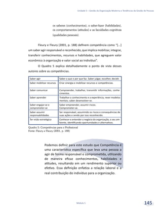 Unidade 5 – Gestão da Organização Moderna e Tendências da Gestão de Pessoas
Módulo 5 145
os saberes (conhecimentos), o saber-fazer (habilidades),
os comportamentos (atitudes) e as faculdades cognitivas
(qualidades pessoais).
Fleury e Fleury (2001, p. 188) definem competência como “[...]
um saber agir responsável e reconhecido, que implica mobilizar, integrar,
transferir conhecimentos, recursos e habilidades, que agreguem valor
econômico à organização e valor social ao Indivíduo”.
O Quadro 5 explica detalhadamente o ponto de vista desses
autores sobre as competências.
Saber agir Saber o que e por que faz. Saber julgar, escolher, decidir.
Saber mobilizar recursos Criar sinergia e mobilizar recursos e competências.
Saber comunicar Compreender, trabalhar, transmitir informações, conhe-
cimentos.
Saber aprender Trabalhar o conhecimento e a experiência, rever modelos
mentais; saber desenvolver-se.
Saber engajar-se e
comprometer-se
Saber empreender, assumir riscos.
Comprometer-se.
Saber assumir
responsabilidades
Ser responsável, assumindo os riscos e consequências de
suas ações e sendo por isso reconhecido.
Ter visão estratégica Conhecer e entender o negócio da organização, o seu am-
biente, identificando oportunidades e alternativas.
Quadro 5: Competências para o Profissional
Fonte: Fleury e Fleury (2001, p. 188)
Podemos definir para este estudo que Competência é
uma característica específica que leva uma pessoa a
agir de forma responsável e comprometida, utilizando
de maneira eficaz conhecimentos, habilidades e
atitudes, resultando em um rendimento superior ou
efetivo. Essa definição enfatiza a relação laboral e a
real contribuição do indivíduo para a organização.
 
