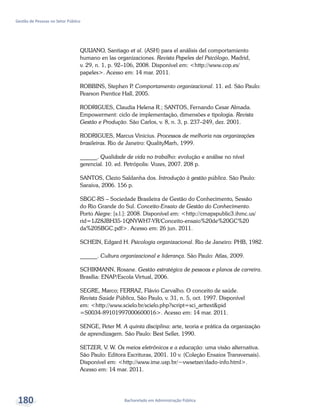 Bacharelado em Administração Pública
Gestão de Pessoas no Setor Público
180
QUIJANO, Santiago et al. (ASH) para el análisis del comportamiento
humano en las organizaciones. Revista Papeles del Psicólogo, Madrid,
v. 29, n. 1, p. 92–106, 2008. Disponível em: <http://www.cop.es/
papeles>. Acesso em: 14 mar. 2011.
ROBBINS, Stephen P. Comportamento organizacional. 11. ed. São Paulo:
Pearson Prentice Hall, 2005.
RODRIGUES, Claudia Helena R.; SANTOS, Fernando Cesar Almada.
Empowerment: ciclo de implementação, dimensões e tipologia. Revista
Gestão e Produção. São Carlos, v. 8, n. 3, p. 237–249, dez. 2001.
RODRIGUES, Marcus Vinicius. Processos de melhoria nas organizações
brasileiras. Rio de Janeiro: QualityMarh, 1999.
______. Qualidade de vida no trabalho: evolução e análise no nível
gerencial. 10. ed. Petrópolis: Vozes, 2007. 208 p.
SANTOS, Clezio Saldanha dos. Introdução à gestão pública. São Paulo:
Saraiva, 2006. 156 p.
SBGC-RS – Sociedade Brasileira de Gestão do Conhecimento, Sessão
do Rio Grande do Sul. Conceito-Ensaio de Gestão do Conhecimento.
Porto Alegre: [s.l.]: 2008. Disponível em: <http://cmapspublic3.ihmc.us/
rid=1J28JBH35-1QNYWH7-YR/Conceito-ensaio%20de%20GC%20
da%20SBGC.pdf>. Acesso em: 26 jun. 2011.
SCHEIN, Edgard H. Psicologia organizacional. Rio de Janeiro: PHB, 1982.
______. Cultura organizacional e liderança. São Paulo: Atlas, 2009.
SCHIKMANN, Rosane. Gestão estratégica de pessoas e planos de carreira.
Brasília: ENAP/Escola Virtual, 2006.
SEGRE, Marco; FERRAZ, Flávio Carvalho. O conceito de saúde.
Revista Saúde Pública, São Paulo, v. 31, n. 5, oct. 1997. Disponível
em: <http://www.scielo.br/scielo.php?script=sci_arttext&pid
=S0034-89101997000600016>. Acesso em: 14 mar. 2011.
SENGE, Peter M. A quinta disciplina: arte, teoria e prática da organização
de aprendizagem. São Paulo: Best Seller, 1990.
SETZER, V. W. Os meios eletrônicos e a educação: uma visão alternativa.
São Paulo: Editora Escrituras, 2001. 10 v. (Coleção Ensaios Transversais).
Disponível em: <http://www.ime.usp.br/~vwsetzer/dado-info.html>.
Acesso em: 14 mar. 2011.
 
