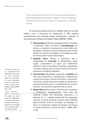 *Inteligência organizacio-
nal – capacidade de uma
corporação como um todo
de reunir informação,
inovar, criar conhecimen-
to e atuar efetivamente
baseada no conhecimen-
to que ela gerou. Fonte:
McMaster (apud MORESI,
2001, p. 44).
*Capital intelectual –
poder do conhecimento
das pessoas que atual-
mente vem ultrapassando
os modelos rudimentares
de gestão e otimizando os
impactos que a tecnologia
traz à organização. Fonte:
Limongi-França (2007).
Bacharelado em Administração Pública
Gestão de Pessoas no Setor Público
38
O que você observa na Figura 4? O que você pode concluir a
partir da localização do elemento “pessoas”? Se você disse que
as pessoas se encontram em todos os componentes, você está
correto.
Se tratarmos especificamente do trabalho direto do servidor
público, você o encontrará no componente 6. Mas vejamos
resumidamente uma descrição desses componentes, conforme as
Instruções para Avaliação da Gestão Pública (BRASIL, 2008):
ff Primeiro bloco(Liderança,EstratégiasePlanos,Cidadãos
e Sociedade): trata-se do bloco do planejamento. Os
serviços, os produtos e os processos do setor público são
planejados, conforme os recursos disponíveis, para melhor
atender ao conjunto de cidadãos e à sociedade por meio
da liderança forte da alta administração.
ff Segundo bloco (Pessoas e Processos): traz a
representação da execução do planejamento. Nesse
espaço, concretizam-se as ações que transformam
objetivos e metas em resultados. As pessoas, capacitadas e
motivadas, operam esses processos e fazem com que eles
produzam os resultados esperados.
ff Terceiro bloco (Resultados): representa o controle, pois
serve para acompanhar o atendimento à satisfação dos
usuários dos serviços e da ação do Estado; o orçamento e
as finanças; a gestão das pessoas; a gestão de suprimento e
das parcerias institucionais; e o desempenho dos serviços/
produtos e dos processos organizacionais em geral.
ff Quarto bloco (Informações e Conhecimento): representa
a inteligência organizacional*. Neste bloco são
realizadas análises das informações disponíveis e a
utilização do “[...] capital intelectual* da organização
para que, em plena execução do plano, sejam realizadas
ações corretivas onde for necessário: na estratégia, no
plano, na composição e preparo das equipes e até mesmo
no próprio sistema de controle do plano.” (LIMA, 2007,
p. 95).
 