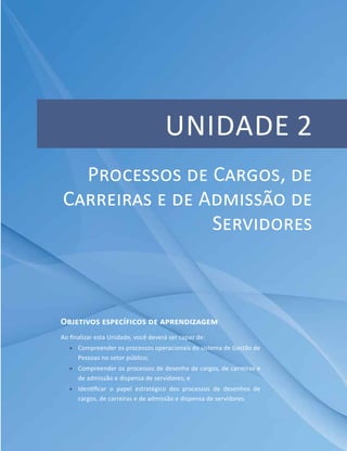 Unidade 2
Objetivos específicos de aprendizagem
Ao finalizar esta Unidade, você deverá ser capaz de:
ff Compreender os processos operacionais do sistema de Gestão de
Pessoas no setor público;
ff Compreender os processos de desenho de cargos, de carreiras e
de admissão e dispensa de servidores; e
ff Identificar o papel estratégico dos processos de desenhos de
cargos, de carreiras e de admissão e dispensa de servidores.
Processos de Cargos, de
Carreiras e de Admissão de
Servidores
 