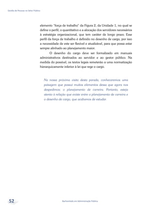 Bacharelado em Administração Pública
Gestão de Pessoas no Setor Público
52
elemento “força de trabalho” da Figura 2, da Unidade 1, no qual se
define o perfil, o quantitativo e a alocação dos servidores necessários
à estratégia organizacional, que tem caráter de longo prazo. Esse
perfil da força de trabalho é definido no desenho de cargo, por isso
a necessidade de este ser flexível e atualizável, para que possa estar
sempre alinhado ao planejamento maior.
O desenho do cargo deve ser formalizado em manuais
administrativos destinados ao servidor e ao gestor público. Na
medida do possível, os textos legais remeterão a uma normatização
hierarquicamente inferior à lei que rege o cargo.
Na nossa próxima visita desta parada, conheceremos uma
paisagem que possui muitos elementos dessa que agora nos
despedimos: o planejamento de carreira. Portanto, esteja
atento à relação que existe entre o planejamento de carreira e
o desenho de cargo, que acabamos de estudar.
 
