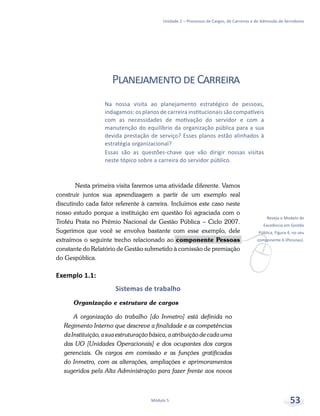 v
Reveja o Modelo de
Excelência em Gestão
Pública, Figura 4, no seu
componente 6 (Pessoas).
Unidade 2 – Processos de Cargos, de Carreiras e de Admissão de Servidores
Módulo 5 53
PlanejamentodeCarreira
Nesta primeira visita faremos uma atividade diferente. Vamos
construir juntos sua aprendizagem a partir de um exemplo real
discutindo cada fator referente à carreira. Incluímos este caso neste
nosso estudo porque a instituição em questão foi agraciada com o
Troféu Prata no Prêmio Nacional de Gestão Pública – Ciclo 2007.
Sugerimos que você se envolva bastante com esse exemplo, dele
extraímos o seguinte trecho relacionado ao componente Pessoas
constante do Relatório de Gestão submetido à comissão de premiação
do Gespública.
Exemplo 1.1:
Sistemas de trabalho
Organização e estrutura de cargos
A organização do trabalho [do Inmetro] está definida no
Regimento Interno que descreve a finalidade e as competências
da Instituição, a sua estruturação básica, a atribuição de cada uma
das UO [Unidades Operacionais] e dos ocupantes dos cargos
gerenciais. Os cargos em comissão e as funções gratificadas
do Inmetro, com as alterações, ampliações e aprimoramentos
sugeridos pela Alta Administração para fazer frente aos novos
Na nossa visita ao planejamento estratégico de pessoas,
indagamos: os planos de carreira institucionais são compatíveis
com as necessidades de motivação do servidor e com a
manutenção do equilíbrio da organização pública para a sua
devida prestação de serviço? Esses planos estão alinhados à
estratégia organizacional?
Essas são as questões-chave que vão dirigir nossas visitas
neste tópico sobre a carreira do servidor público.
 