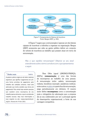 Saiba mais Salário
A palavra salário origina-se do latim salarium
argentum, que significa “pagamento em sal”,
uma forma primitiva de pagamento pelo
trabalho dos soldados romanos. Você está
admirado que tenha existido essa forma de
pagamento? Pois ainda hoje existem pessoas
que recebem como recompensa de seu
trabalho apenas alimento, o que é considerado
trabalho escravo. Veja mais informações a
esse respeito no site: <www.reporterbrasil.
org.br>. Acesso em: 4 mar. 2011.
Bacharelado em Administração Pública
Gestão de Pessoas no Setor Público
76
Figura 7: Componentes do Sistema de Incentivos
Fonte: Bergue (2007, p. 255)
A Figura 7 sugere que a remuneração é apenas um dos fatores
capazes de incentivar o indivíduo a ingressar na organização. Bergue
(2007) acrescenta que cabe ao gestor público definir um conjunto
de vetores de incentivos ao trabalho que possam atuar em torno da
remuneração.
Mas o que significa remuneração? Observe se seu atual
entendimento sobre o termo corrobora com o que apresentamos
a seguir.
Para Otha (apud LIMONGI-FRANÇA,
2007a), remuneração é uma das formas
de recompensa ao trabalho de uma pessoa.
A remuneração inclui: salário, remuneração
indireta, benefícios (exemplo: assistência médica),
entre outros; e salário é a parte fixa da remuneração,
paga periodicamente em dinheiro. O mesmo
autor define recompensa como a concretização
justa e obrigatória da valorização que a empresa
dá ao seu colaborador por ser o principal agente
do desempenho organizacional, a fonte de sua
vantagem competitiva.
 