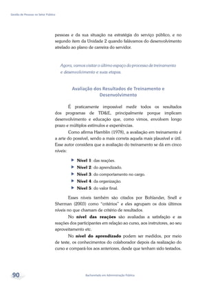 Bacharelado em Administração Pública
Gestão de Pessoas no Setor Público
90
pessoas e da sua situação na estratégia do serviço público, e no
segundo item da Unidade 2 quando falávamos do desenvolvimento
atrelado ao plano de carreira do servidor.
Agora, vamos visitar o último espaço do processo de treinamento
e desenvolvimento e suas etapas.
Avaliação dos Resultados de Treinamento e
Desenvolvimento
É praticamente impossível medir todos os resultados
dos programas de TD&E, principalmente porque implicam
desenvolvimento e educação que, como vimos, envolvem longo
prazo e múltiplos estímulos e experiências.
Como afirma Hamblin (1978), a avaliação em treinamento é
a arte do possível, sendo a mais correta aquela mais plausível e útil.
Esse autor considera que a avaliação do treinamento se dá em cinco
níveis:
ff Nível 1: das reações.
ff Nível 2: do aprendizado.
ff Nível 3: do comportamento no cargo.
ff Nível 4: da organização.
ff Nível 5: do valor final.
Esses níveis também são citados por Bohlander, Snell e
Sherman (2003) como “critérios” e eles agrupam os dois últimos
níveis no que chamam de critério de resultados.
No nível das reações são avaliadas a satisfação e as
reações dos participantes em relação ao curso, aos instrutores, ao seu
aproveitamento etc.
No nível do aprendizado podem ser medidos, por meio
de teste, os conhecimentos do colaborador depois da realização do
curso e compará-los aos anteriores, desde que tenham sido testados.
 