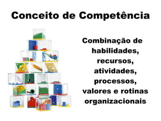 Conceito de Competência
Combinação de
habilidades,
recursos,
atividades,
processos,
valores e rotinas
organizacionais
 