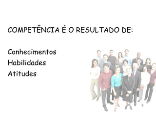 COMPETÊNCIA É O RESULTADO DE:


Conhecimentos
Habilidades
Atitudes
 
