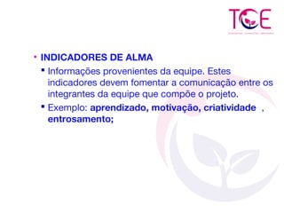 • INDICADORES DE ALMA
 Informações provenientes da equipe. Estes
indicadores devem fomentar a comunicação entre os
integrantes da equipe que compõe o projeto.
 Exemplo: aprendizado, motivação, criatividade ,
entrosamento;
 