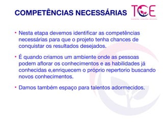 COMPETÊNCIAS NECESSÁRIAS
• Nesta etapa devemos identificar as competências
necessárias para que o projeto tenha chances de
conquistar os resultados desejados.
• É quando criamos um ambiente onde as pessoas
podem aflorar os conhecimentos e as habilidades já
conhecidas e,enriquecem o próprio repertorio buscando
novos conhecimentos.
• Damos também espaço para talentos adormecidos.
 