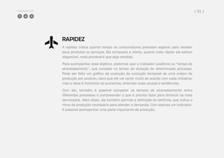 COMPARTILHE | 31 |
RAPIDEZ
A rapidez indica quanto tempo os consumidores precisam esperar para receber
seus produtos ou serviços. Ela enriquece a oferta, quanto mais rápido ela estiver
disponível, mais provável é que seja vendida.
Para acompanhar esse objetivo, podemos usar o indicador Leadtime ou “tempo de
atravessamento”, que consiste no tempo de duração de determinado processo.
Pode ser feito um gráfico da evolução da evolução temporal de uma ordem de
produção por produto, claro que ele vai variar muito de acordo com cada indústria,
mas a ideia é monitorar os aumentos, entender suas causas e tendências.
Com ele, também é possível comparar os tempos de atravessamento entre
diferentes processos e compreender o que é preciso fazer para diminuir os mais
demorados. Além disso, ele também permite a definição do takttime, que indica o
ritmo de produção necessário para atender a demanda. Com apenas um indicador,
é possível acompanhar uma parte importante da produção.
 