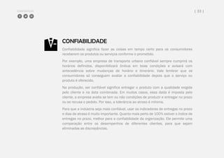 COMPARTILHE | 33 |
CONFIABILIDADE
Confiabilidade significa fazer as coisas em tempo certo para os consumidores
receberem os produtos ou serviços conforme o prometido.
Por exemplo, uma empresa de transporte urbano confiável sempre cumprirá os
horários definidos, disponibilizará ônibus em boas condições e avisará com
antecedência sobre mudanças de horário e itinerário. Vale lembrar que os
consumidores só conseguem avaliar a confiabilidade depois que o serviço ou
produto é oferecido.
Na produção, ser confiável significa entregar o produto com a qualidade exigida
pelo cliente e na data combinada. Em muitos casos, essa dada é imposta pelo
cliente, a empresa avalia se tem ou não condições de produzir e entregar no prazo
ou se recusa o pedido. Por isso, a tolerância ao atraso é mínima.
Para que a indústria seja mais confiável, usar os indicadores de entregas no prazo
e dias de atraso é muito importante. Quanto mais perto de 100% estiver o índice de
entregas no prazo, melhor para a confiabilidade da organização. Ele permite uma
comparação entre os desempenhos de diferentes clientes, para que sejam
eliminadas as discrepâncias.
 