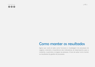 COMPARTILHE | 45 |
Como manter os resultados
Agora que você já sabe como funciona a modelagem de processos de
negócio, entende a importância dos indicadores de desempenho para a
indústria, e aprendeu a engajar as pessoas, é hora de saber como manter
os resultados da gestão de processos.
 