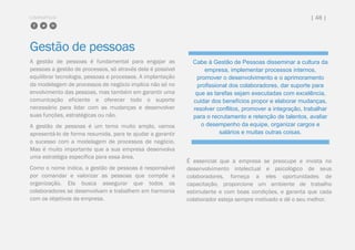 COMPARTILHE | 48 |
Gestão de pessoas
A gestão de pessoas é fundamental para engajar as
pessoas a gestão de processos, só através dela é possível
equilibrar tecnologia, pessoas e processos. A implantação
da modelagem de processos de negócio implica não só no
envolvimento das pessoas, mas também em garantir uma
comunicação eficiente e oferecer todo o suporte
necessário para lidar com as mudanças e desenvolver
suas funções, estratégicas ou não.
A gestão de pessoas é um tema muito amplo, vamos
apresentá-lo de forma resumida, para te ajudar a garantir
o sucesso com a modelagem de processos de negócio.
Mas é muito importante que a sua empresa desenvolva
uma estratégia específica para essa área.
Como o nome indica, a gestão de pessoas é responsável
por comandar e valorizar as pessoas que compõe a
organização. Ela busca assegurar que todos os
colaboradores se desenvolvam e trabalhem em harmonia
com os objetivos da empresa.
É essencial que a empresa se preocupe e invista no
desenvolvimento intelectual e psicológico de seus
colaboradores, forneça a eles oportunidades de
capacitação, proporcione um ambiente de trabalho
estimulante e com boas condições, e garanta que cada
colaborador esteja sempre motivado e dê o seu melhor.
Cabe à Gestão de Pessoas disseminar a cultura da
empresa, implementar processos internos,
promover o desenvolvimento e o aprimoramento
profissional dos colaboradores, dar suporte para
que as tarefas sejam executadas com excelência,
cuidar dos benefícios propor e elaborar mudanças,
resolver conflitos, promover a integração, trabalhar
para o recrutamento e retenção de talentos, avaliar
o desempenho da equipe, organizar cargos e
salários e muitas outras coisas.
 