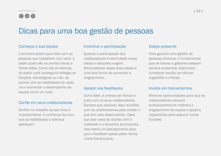 COMPARTILHE | 49 |
Dicas para uma boa gestão de pessoas
Conheça a sua equipe
O primeiro passo para lidar com as
pessoas que trabalham com você, é
saber quais são os pontos fracos e
fortes delas. Como nós já falamos,
só assim você conseguirá delegas as
funções, estratégicas ou não, de
acordo com as habilidades de cada
um e aumentar o desempenho da
equipe como um todo.
Confie em seus colaboradores
Confiar no trabalho do seu time é
imprescindível. A confiança faz com
que as habilidades e talentos
apareçam.
Incentive a participação
Quando a participação dos
colaboradores é estimulada novas
ideias e soluções surgem.
Recompensar essas boas ideias é
uma boa forma de aumentar o
engajamento.
Aposte nos feedbacks
Como líder, é preciso ser franco e
justo com os seus colaboradores.
Sempre que possível, faça reuniões
com os colaboradores para avaliar o
que tem sido desenvolvido. Claro
que isso varia de acordo com a
realidade e o tamanho da empresa,
mas basta um planejamento para
que o feedback passe pelos vários
níveis hierárquicos.
Esteja presente
Para garantir uma gestão de
pessoas eficiente, é fundamental
que os líderes e gestores estejam
sempre presentes. Essa troca
constante resulta em ótimas
sugestões e críticas.
Invista em treinamentos
Oferecer oportunidades para que os
colaboradores cresçam
profissionalmente melhora o
engajamento da equipe e ajuda a
capacitá-los para assumir novas
funções.
 