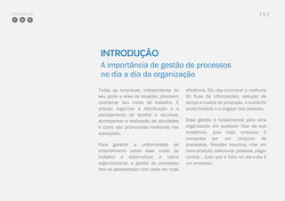 COMPARTILHE | 5 |
INTRODUÇÃO
A importância de gestão de processos
no dia a dia da organização
Todas as empresas, independente do
seu porte e área de atuação, precisam
coordenar seu modo de trabalho. É
preciso organizar a distribuição e o
planejamento de tarefas e recursos,
acompanhar a realização de atividades
e como são promovidas melhorias nas
operações.
Para garantir a uniformidade de
entendimento sobre esse modo de
trabalho e sistematizar a rotina
organizacional, a gestão de processos
tem se apresentado com cada vez mais
eficiência. Ela visa promover a melhoria
do fluxo de informações, redução de
tempo e custos de produção, o aumento
produtividade e o engajar das pessoas.
Essa gestão é fundamental para uma
organização em qualquer fase da sua
existência, pois toda empresa é
composta por um conjunto de
processos. Receber insumos, criar um
novo produto, selecionar pessoas, pagar
contas... tudo que é feito no dia-a-dia é
um processo.
 