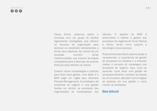 COMPARTILHE | 6 |
Dessa forma, podemos definir o
processo com um grupo de tarefas
logicamente interligadas, que utilizam
os recursos da organização para
alcançar os resultados estabelecidos e
firmar seus objetivos. No interior de um
processo ocorrem várias
transformações, que incluem as etapas
necessárias para a obtenção do produto
final que será ofertado ao cliente.
Existem várias metodologias e práticas
para fazer essa gestão, uma delas é a
BPM (sigla em inglês para Business
Process Management). A modelagem de
processos de negócio é uma gestão
focada em alinhar os processos das
organizações às necessidades dos
clientes. O objetivo do BPM é
desenvolver e realizar a gestão dos
processos de negócios de forma flexível
e eficaz, tendo como suporte a
tecnologia e seus avanços.
Preparamos esse ebook para te ajudar a
compreender a importância da gestão
de processos na indústria e a entender
melhor o conceito de modelagem dos
processos de negócio. Aqui, você vai
aprender como fazer uma gestão de
processos eficiente, conhecer as etapas
de um processo, descobrir como engajar
as pessoas em sua gestão e como
manter os resultados.
Boa leitura!
 