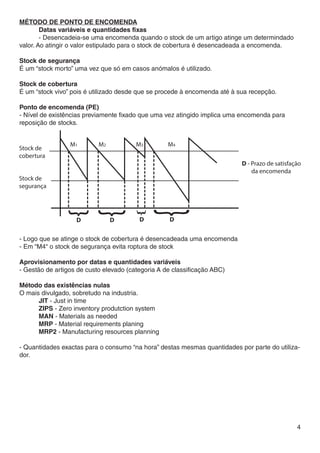 Método de ponto de encomenda
	       Datas variáveis e quantidades fixas
	       - Desencadeia-se uma encomenda quando o stock de um artigo atinge um determindado
valor. Ao atingir o valor estipulado para o stock de cobertura é desencadeada a encomenda.

Stock de segurança
É um “stock morto” uma vez que só em casos anómalos é utilizado.

Stock de cobertura
É um “stock vivo” pois é utilizado desde que se procede à encomenda até à sua recepção.

Ponto de encomenda (PE)
- Nível de existências previamente fixado que uma vez atingido implica uma encomenda para
reposição de stocks.




- Logo que se atinge o stock de cobertura é desencadeada uma encomenda
- Em “M4“ o stock de segurança evita roptura de stock

Aprovisionamento por datas e quantidades variáveis
- Gestão de artigos de custo elevado (categoria A de classificação ABC)

Método das existências nulas
O mais divulgado, sobretudo na industria.
	     JIT - Just in time
	     ZIPS - Zero inventory produtction system
	     MAN - Materials as needed
	     MRP - Material requirements planing
	     MRP2 - Manufacturing resources planning

- Quantidades exactas para o consumo “na hora” destas mesmas quantidades por parte do utiliza-
dor.




                                                                                             4
 