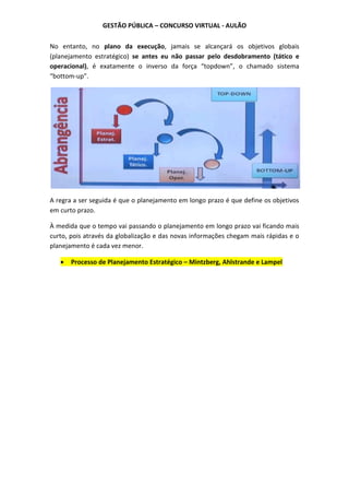 GESTÃO PÚBLICA – CONCURSO VIRTUAL - AULÃO
No entanto, no plano da execução, jamais se alcançará os objetivos globais
(planejamento estratégico) se antes eu não passar pelo desdobramento (tático e
operacional), é exatamente o inverso da força “topdown”, o chamado sistema
“bottom-up”.
A regra a ser seguida é que o planejamento em longo prazo é que define os objetivos
em curto prazo.
À medida que o tempo vai passando o planejamento em longo prazo vai ficando mais
curto, pois através da globalização e das novas informações chegam mais rápidas e o
planejamento é cada vez menor.
 Processo de Planejamento Estratégico – Mintzberg, Ahlstrande e Lampel
 