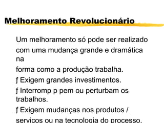 Melhoramento Revolucionário
Um melhoramento só pode ser realizado
com uma mudança grande e dramática
na
forma como a produção trabalha.
ƒ Exigem grandes investimentos.
ƒ Interromp p pem ou perturbam os
trabalhos.
ƒ Exigem mudanças nos produtos /
serviços ou na tecnologia do processo.
 