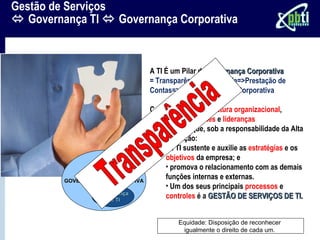 Gestão de Serviços
 Governança TI  Governança Corporativa



                                  A TI É um Pilar da Governança Corporativa
                                  = Transparência=>Equidade=>Prestação de
                                  Contas=>Responsabilidade Corporativa

                                  Consiste de uma estrutura organizacional,
                                  processos, controles e lideranças
                                  para garantir que, sob a responsabilidade da Alta
                                  Administração:
                                       • a TI sustente e auxilie as estratégias e os
                                       objetivos da empresa; e
                                       • promova o relacionamento com as demais
         GOVERNANÇA CORPORATIVA
                                       funções internas e externas.
                                       • Um dos seus principais processos e
                  Governança
                     de TI
                                       controles é a GESTÃO DE SERVIÇOS DE TI.


                                           Equidade: Disposição de reconhecer
                                            igualmente o direito de cada um.
 
