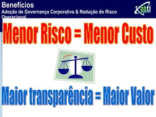 Benefícios
Adoção de Governança Corporativa & Redução do Risco
Operacional
 