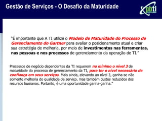 Gestão de Serviços - O Desafio da Maturidade




  “É importante que A TI utilize o Modelo de Maturidade do Processo de
  Gerenciamento do Gartner para avaliar o posicionamento atual e criar
  sua estratégia de melhoria, por meio de investimentos nas ferramentas,
  nas pessoas e nos processos de gerenciamento da operação de TI.”


 Processos de negócio dependentes da TI requerem no mínimo o nível 3 de
 maturidade do processo de gerenciamento da TI, para ter o nível necessário de
 confiança em seus serviços. Mais ainda, elevando ao nível 3, ganha-se não
 somente melhoria do qualidade de serviço, mas também custos reduzidos dos
 recursos humanos. Portanto, é uma oportunidade ganha-ganha.”
 