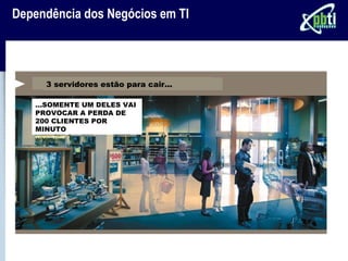 Dependência dos Negócios em TI




     3 servidores estão para cair...

   ...SOMENTE UM DELES VAI
   PROVOCAR A PERDA DE
   200 CLIENTES POR
   MINUTO
 