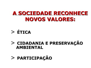 A SOCIEDADE RECONHECE NOVOS VALORES: ÉTICA CIDADANIA E PRESERVAÇÃO  AMBIENTAL PARTICIPAÇÃO 