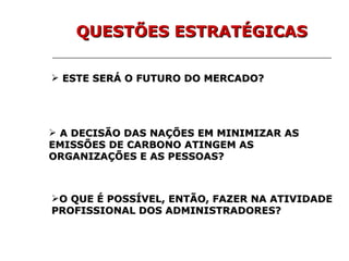 ESTE SERÁ O FUTURO DO MERCADO? A DECISÃO DAS NAÇÕES EM MINIMIZAR AS EMISSÕES DE CARBONO ATINGEM AS ORGANIZAÇÕES E AS PESSOAS?  O QUE É POSSÍVEL, ENTÃO, FAZER NA ATIVIDADE PROFISSIONAL DOS ADMINISTRADORES? QUESTÕES ESTRATÉGICAS 