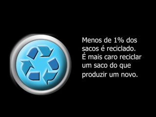 Menos de 1% dos sacos é reciclado.  É mais caro reciclar um saco do que produzir um novo.   