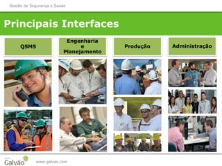 www.galvao.com
Gestão de Segurança e Saúde
Principais Interfaces
Engenharia
e
Planejamento
ProduçãoQSMS Administração
 