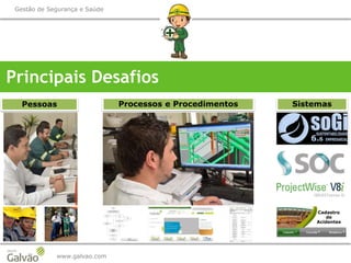 www.galvao.com
Gestão de Segurança e Saúde
Principais Desafios
Sistemas
Cadastro
de
Acidentes
Pessoas Processos e Procedimentos
 