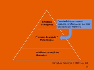 Estratégia     É no nível de processos de
     de Negócios     negócios e metodologias que essa
                     lacuna mais se manifesta



Processos de negócio /
    Metodologias




Atividades do negócio /
Operações


                Carvalho e Rabechini Jr (2011), p. 300
                                                   36
 