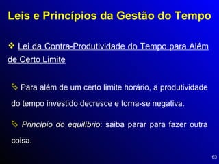 Leis e Princípios da Gestão do Tempo Lei da Contra-Produtividade do Tempo para Além de Certo Limite Para além de um certo limite horário, a produtividade do tempo investido decresce e torna-se negativa.  Princípio do equilíbrio : saiba parar para fazer outra coisa. 