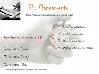 Onde “invisto” o meu tempo… e a minha vida? 3º. Planeamento Listar as actividades Incluir imprevistos Decidir prioridades Avaliar o tempo necessário Longo prazo (ano) Médio prazo (mês) Curto prazo (dia) Agendamento do tempo a  3D Ex. Mind Mapping (existe muito, existe pouco, ideal, inexistente) 